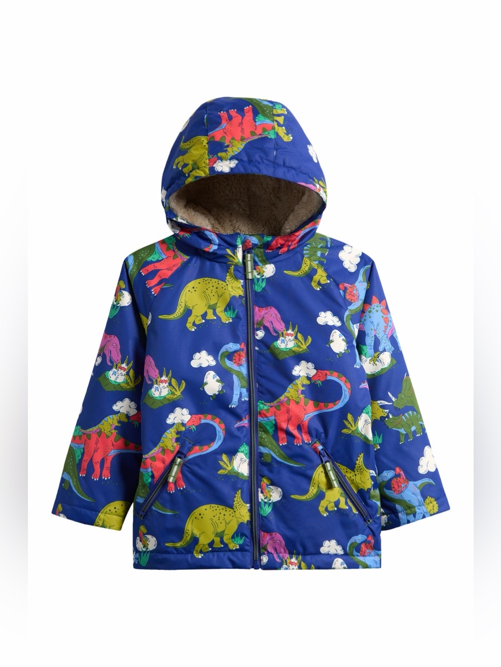 Mini Boden Kids' Fleece Lined Hooded Jacket in Starboard Blue Multi Dino